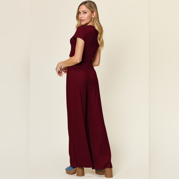 Double Take Full Size Round Neck Top and Pants Set In Cerise Color - Picture 3 of 5